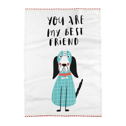 Tea towel reading You are my best friend, above a dog with floppy black ears and a red collar, in a turquoise checked shirt