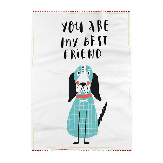 Tea towel reading You are my best friend, above a dog with floppy black ears and a red collar, in a turquoise checked shirt