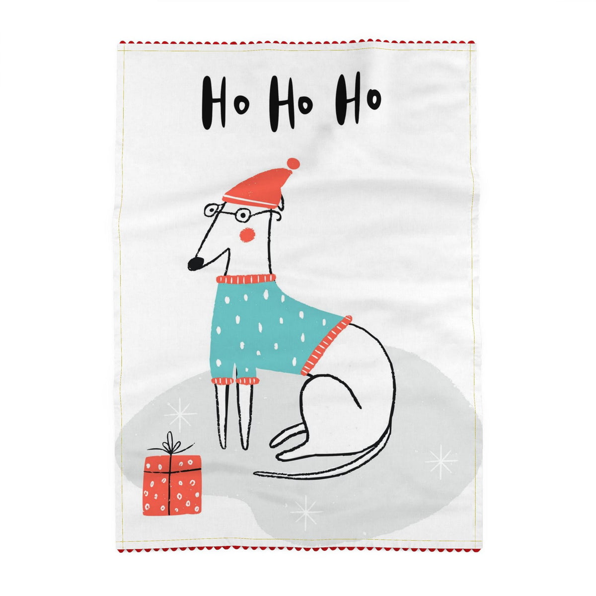Ho Ho Ho: Tea towel reading Ho ho ho, above a white dog in a red hat, a round black glasses and teal polka dots jumper, lying on a grey rug beside a red present