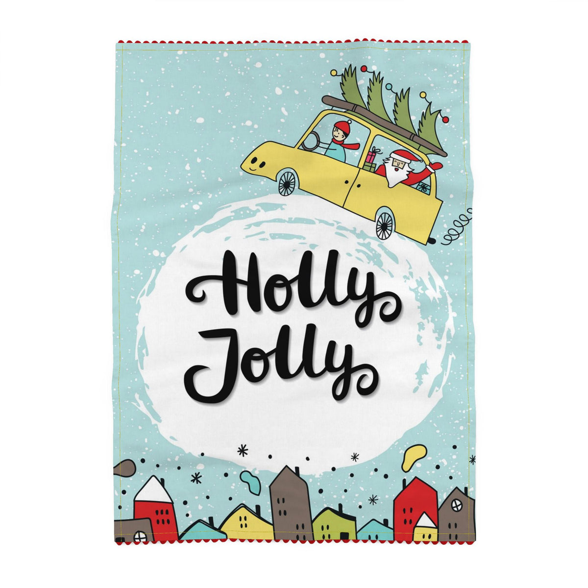 Illustrated Christmas tea towel. A yellow car flies through falling snow with a fir tree strapped to the roof and Santa waving from the back, a row of red, teal and mustard houses below. Printed and sewn in England, 70 × 50 cm, £29.95 with free UK delivery. Made to be given. Made to be kept.