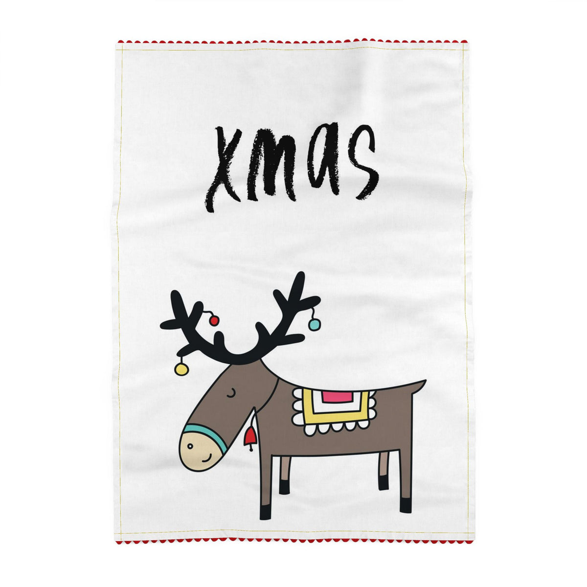 Tea towel reading xmas, above a reindeer in profile with baubles hanging from its antlers and a patterned blanket on its back. Off-white ground