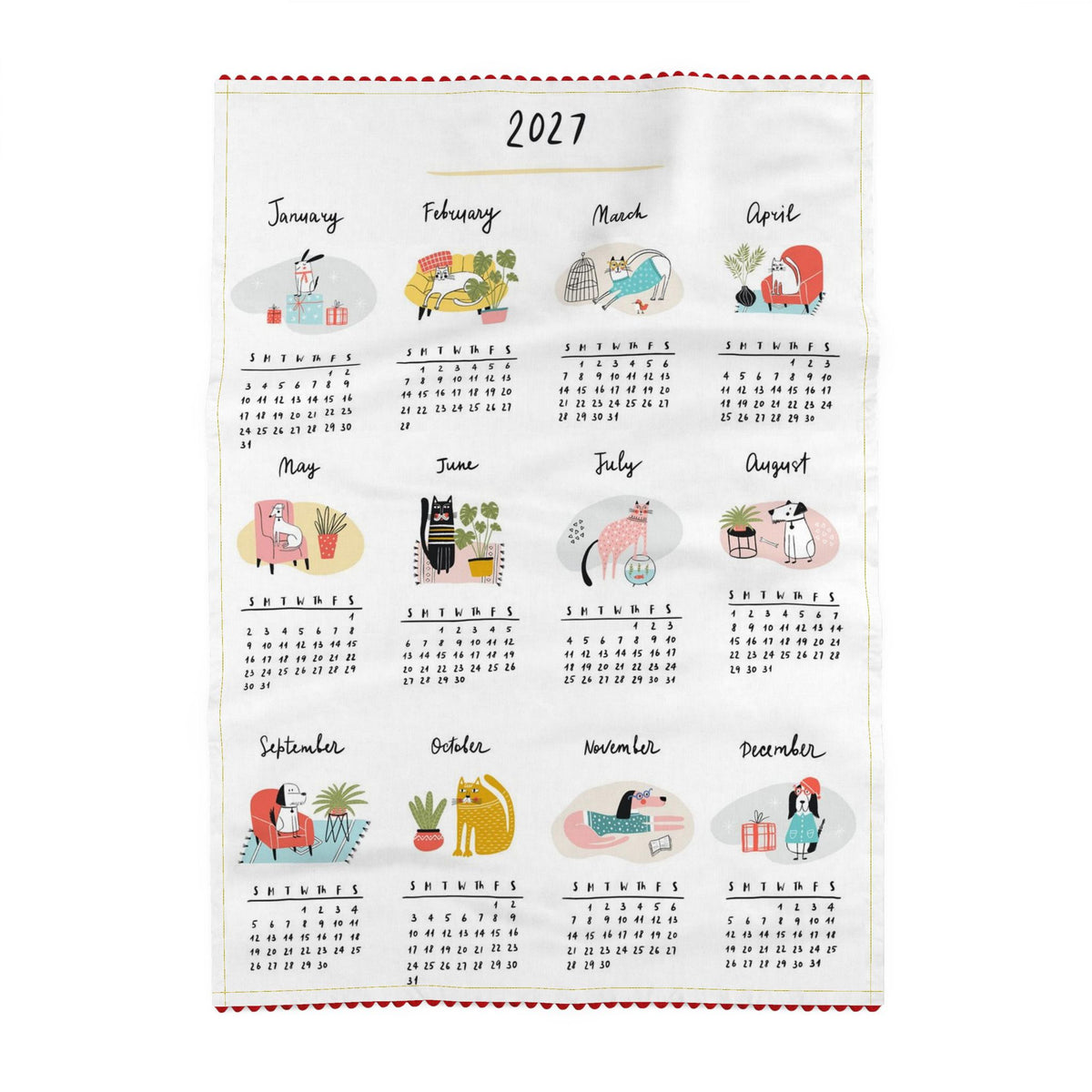 Tea towel printed with a 2027 calendar, twelve months in rows of four, each with a small illustration of a cat or a dog
