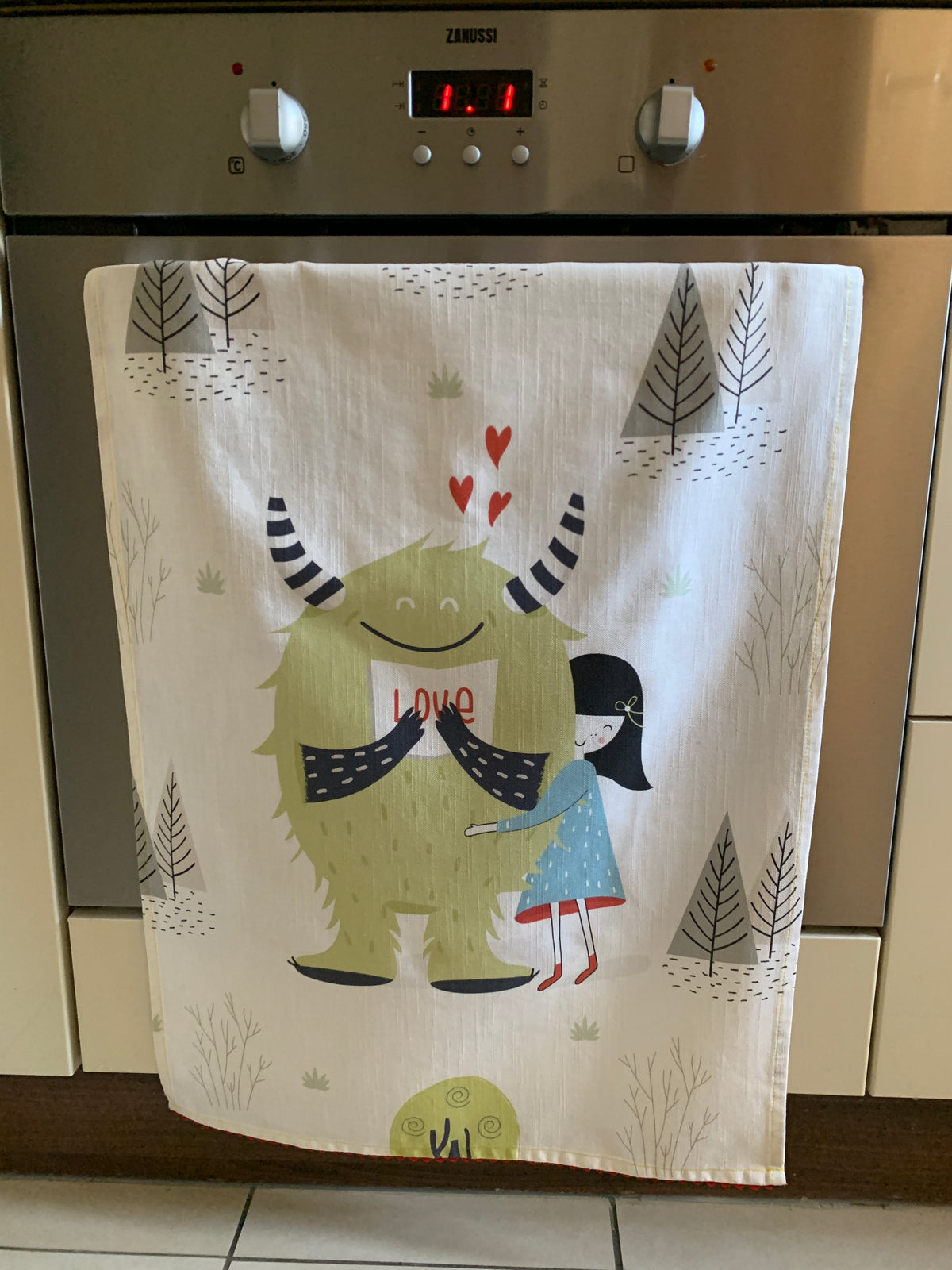 Girl and Monster Tea Towel