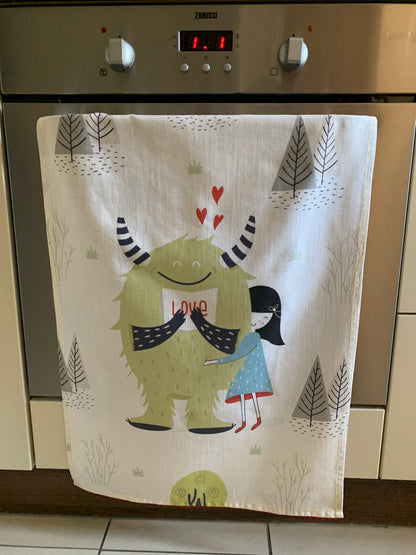 Girl and Monster Tea Towel